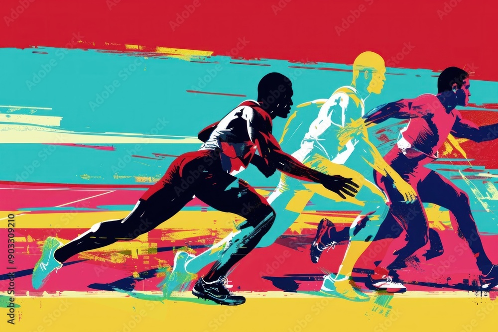 Group of men running on paintsplattered track in artistic motion concept for fitness and creativity event Group of men running on paintsplattered track in artistic motion concept for fitness and creativity event
