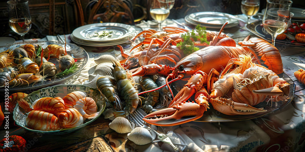 The Bounty of the Bay: A table laden with freshly caught seafood. The Bounty of the Bay: A table laden with freshly caught seafood.