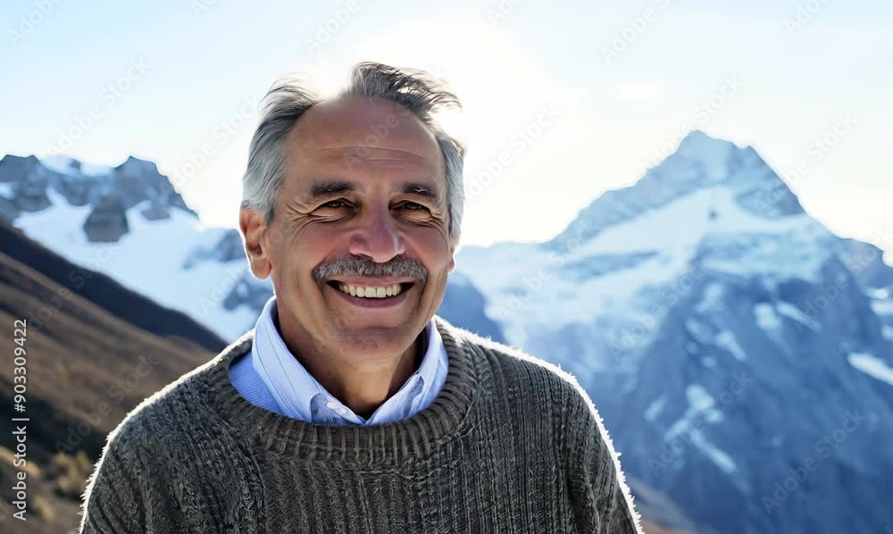 Medium shot portrait video of a satisfied man in his 50s wearing a cozy sweater against a snowy mountain peak or summit background Medium shot portrait video of a satisfied man in his 50s wearing a cozy sweater against a snowy mountain peak or summit background