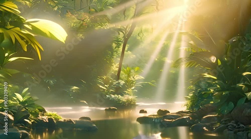Ethereal tropical jungle ambiance with sunlight dappling through trees onto a babbling stream.
