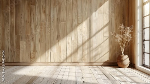 Minimalist wooden room with sunlight streaming through window.