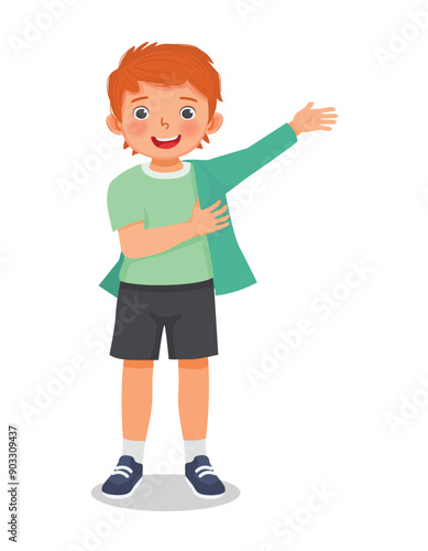 Cute little boy wearing clothes get dressed daily routine activity