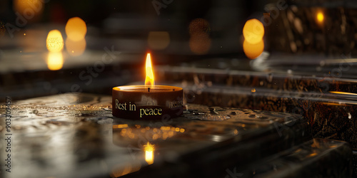 The Eternal Flame: A burning candle, its light reflecting off the marble of a grave, illuminating the words 