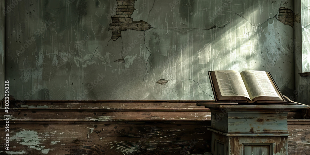 Obraz premium The Eulogy Unspoken: An empty pulpit, a lone bible resting on its stand, as if waiting for words that will never come.