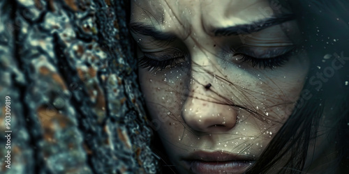 A woman, tears streaming down her face, as she leans against a tree, trying to find solace in its strength