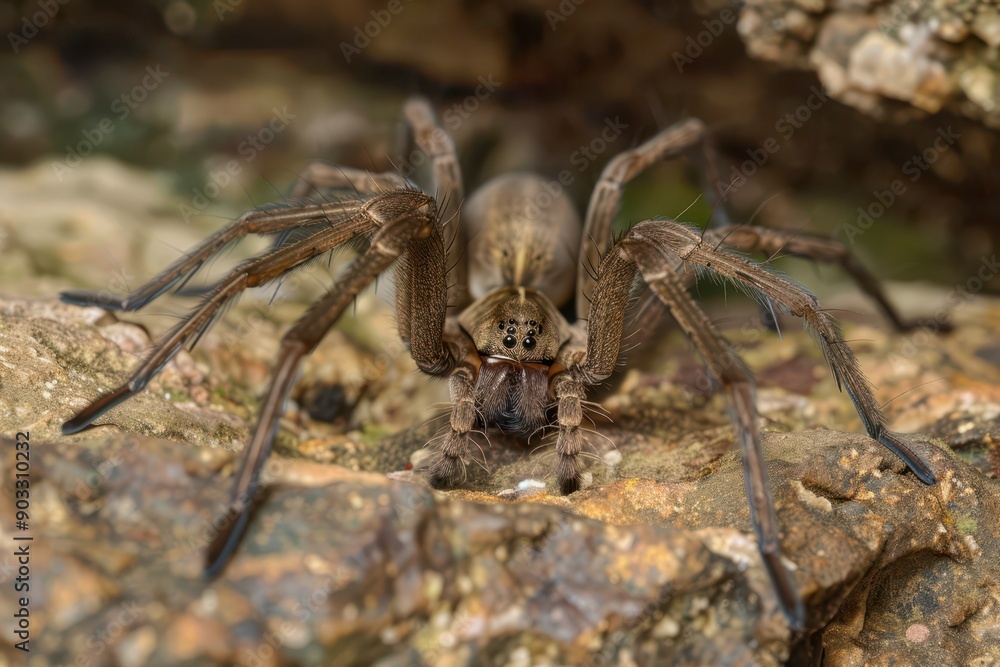 Large Spider Captures Prey on Rocky Surface During Daylight Hours in a Forest Setting Large Spider Captures Prey on Rocky Surface During Daylight Hours in a Forest Setting