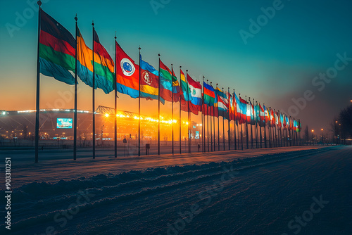 Stadium landscape at twilight with prominent national flags.