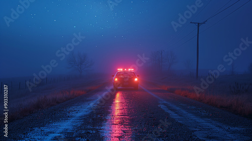 Side View of a Police Car Stopped on a Dark Country Road at Night