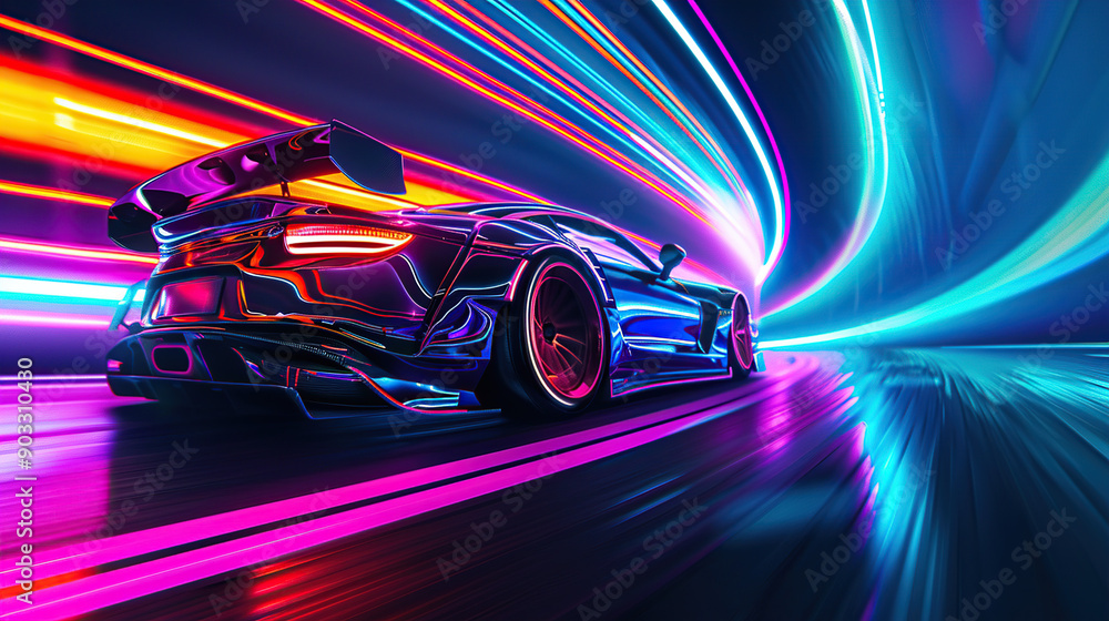 A high-speed race car in motion blur with speed lines at night time on the track A high-speed race car in motion blur with speed lines at night time on the track