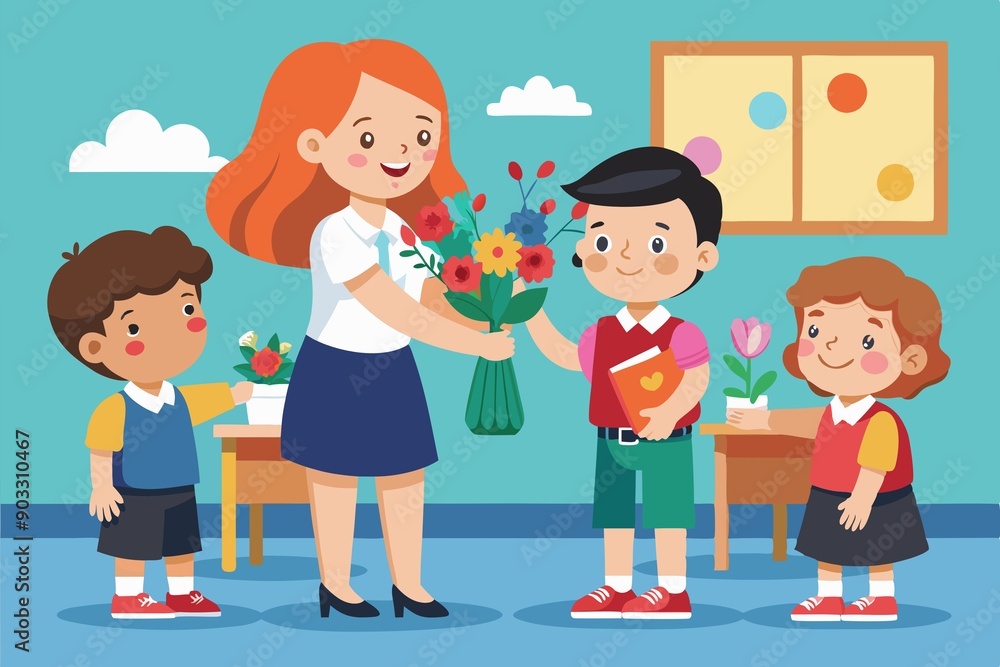 children give flowers to the teacher children give flowers to the teacher