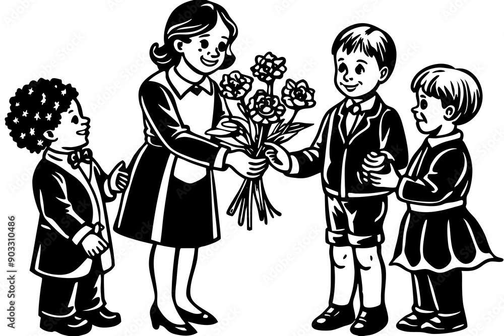 Naklejka premium children give flowers to the teacher