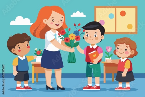 children give flowers to the teacher