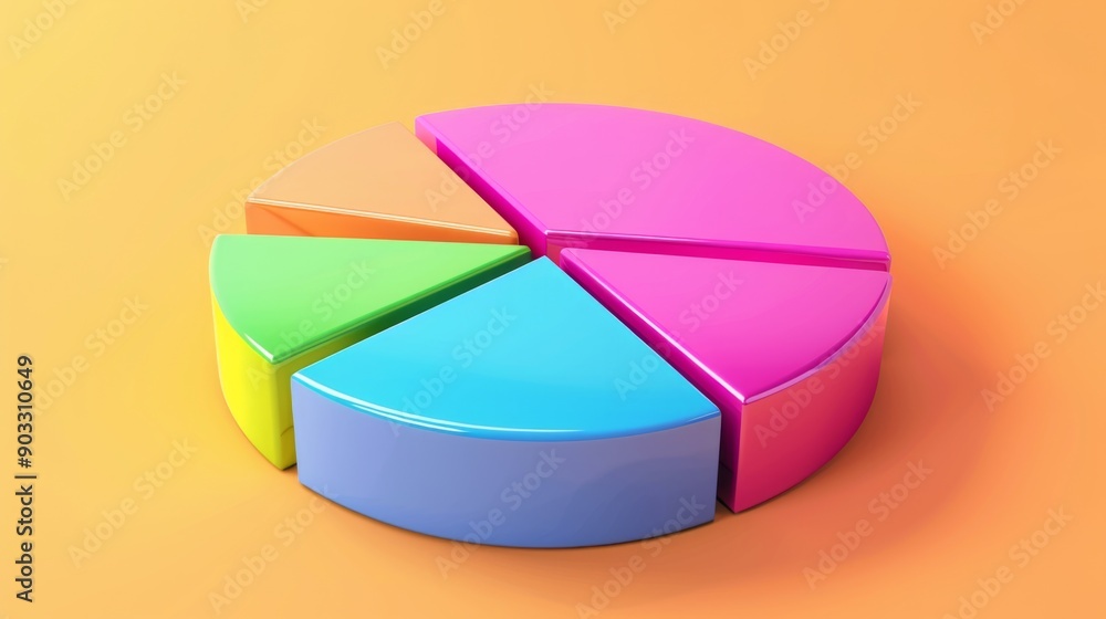 Obraz premium 3D pie chart with different segments in vibrant colors, highlighting data distribution