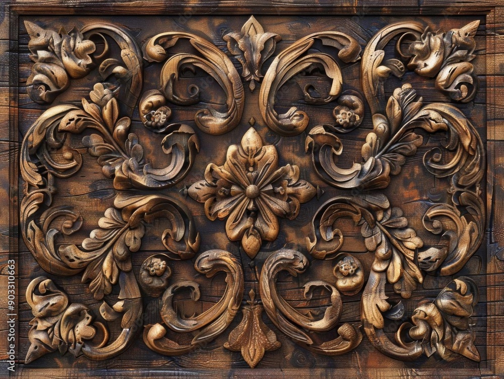 Intricate wooden carving with floral motifs, brown and gold tones. Intricate wooden carving with floral motifs, brown and gold tones.