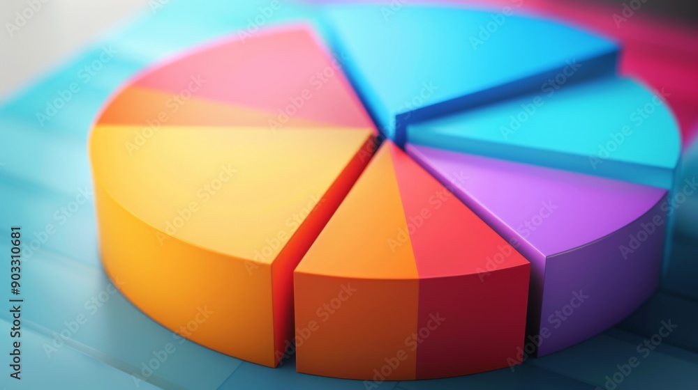 Obraz premium 3D pie chart with different segments in vibrant colors, highlighting data distribution