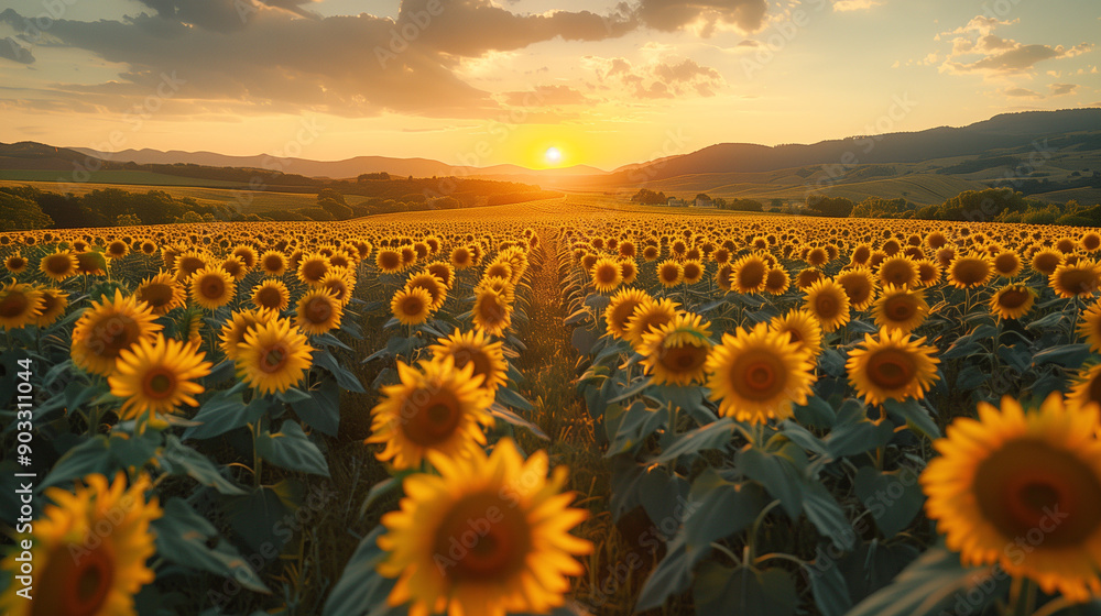 Fototapeta premium Aerial View of a Sprawling Sunflower Field at Golden Hour with Warm Glow