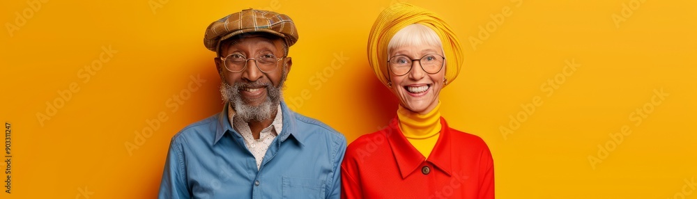 Fototapeta premium Portrait of an elderly couple from different ethnic backgrounds, holding hands and smiling warmly, showcasing love and diversity, with copy space for text