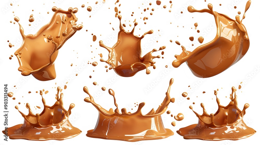 Brown liquid splashes and shapes flying in the air Brown liquid splashes and shapes flying in the air