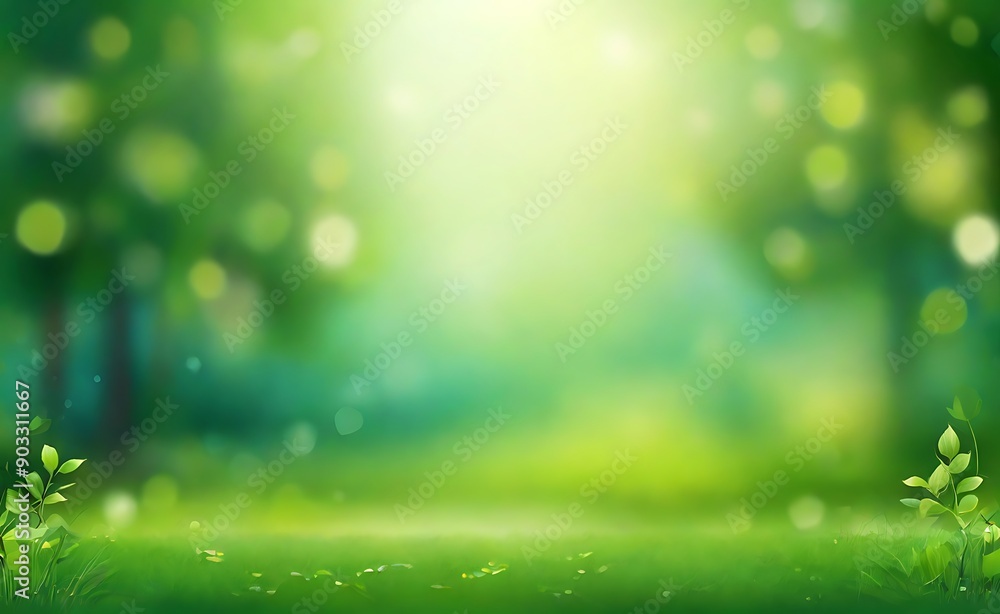 Obraz premium Vector green, bokeh, nature background. Summer landscape blurred effect. 