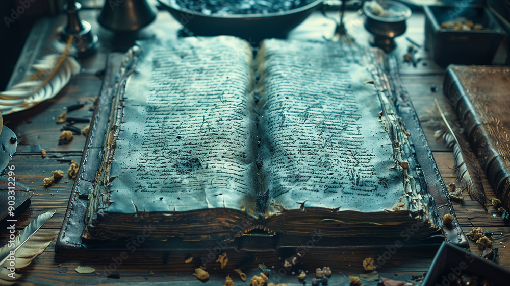 Close-Up of Sinister Leather-Bound Spellbook Open to Dark Incantations Close-Up of Sinister Leather-Bound Spellbook Open to Dark Incantations