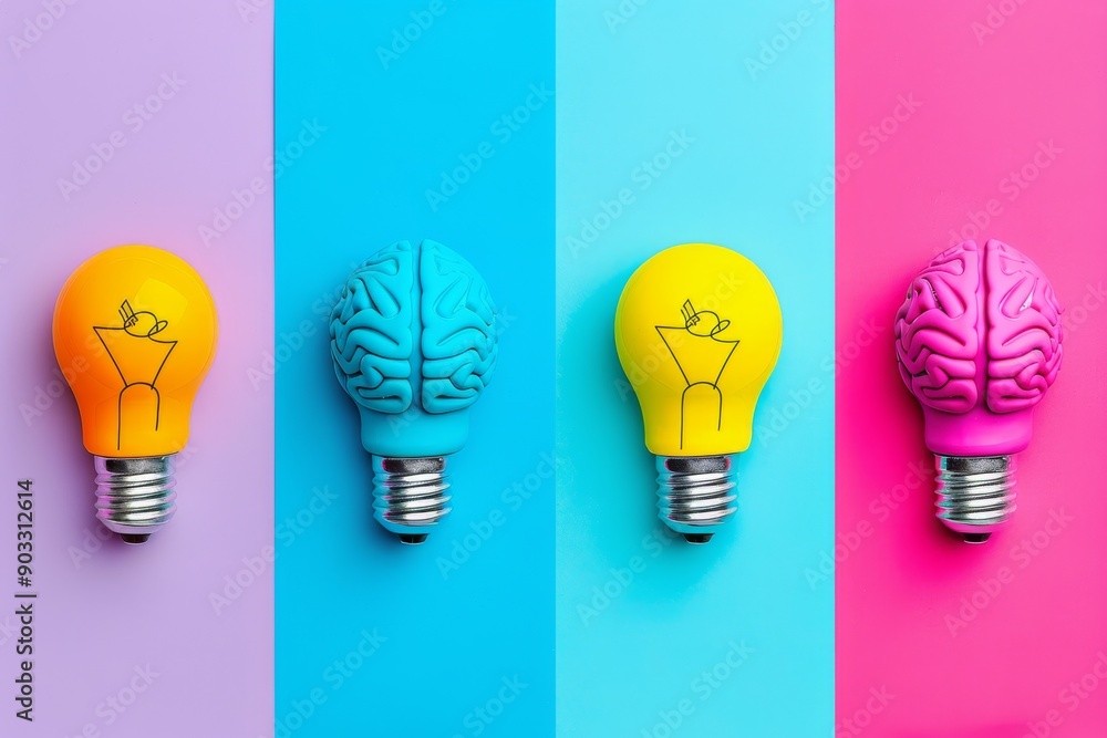 Colorful brain and light bulb icons on a vibrant pastel background representing creativity and innovation. Colorful brain and light bulb icons on a vibrant pastel background representing creativity and innovation.