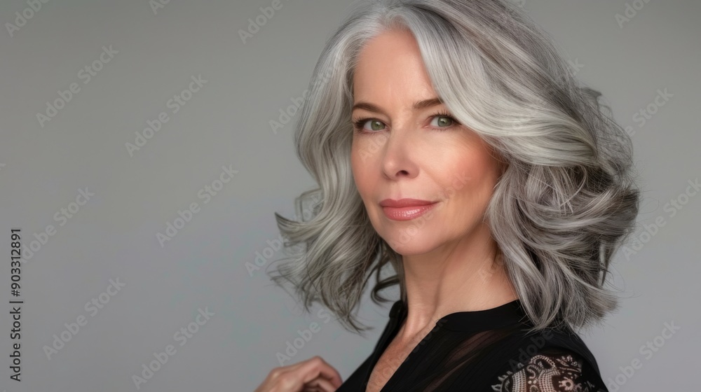 A beautiful 50-year-old woman with gray hair styled elegantly. A beautiful 50-year-old woman with gray hair styled elegantly.