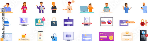 Forgot password icons set. People are using laptops and smartphones, logging into accounts, and resetting passwords