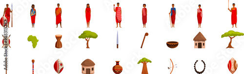 Maasai icons set. African tribe members wearing traditional clothes standing with spears and shields, set of cultural objects and elements