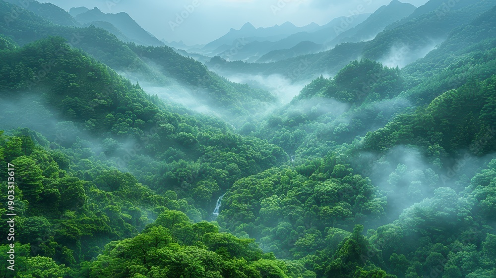 Obraz premium Majestic Green Mountain Landscape with Misty Valleys and Lush Forests in a Serene Natural Setting
