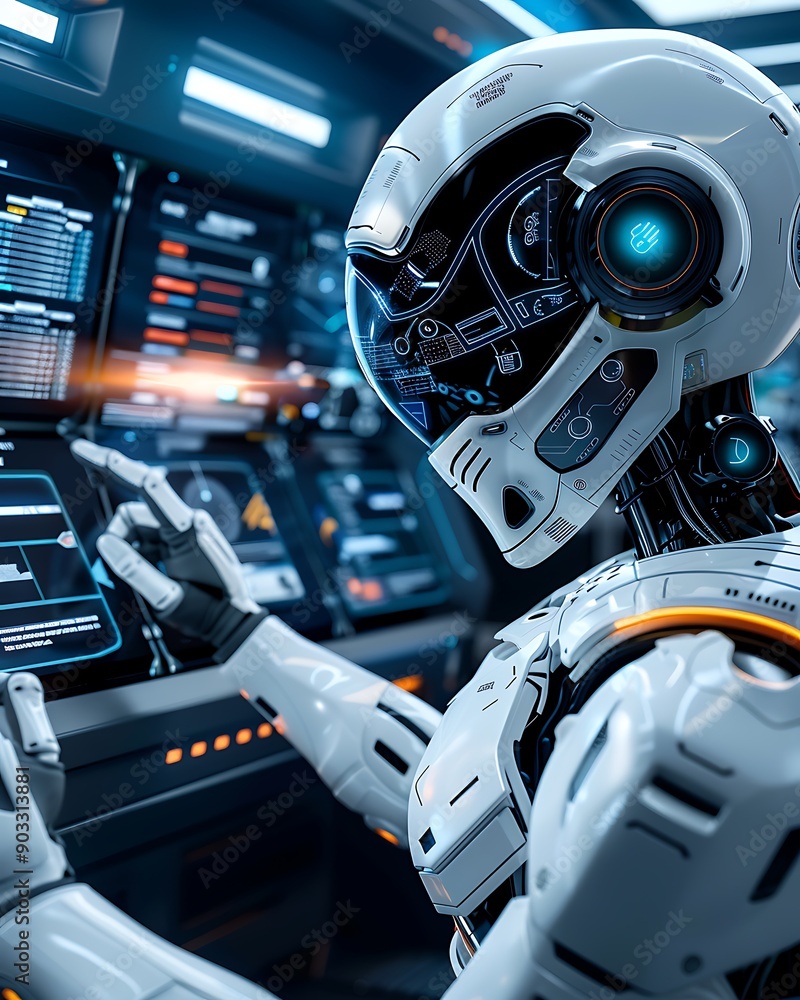 Fototapeta premium Semi close-up of an AI in a space station, holographic displays and controls, generative AI top players, more clarity with clear light and sharp focus, high detailed