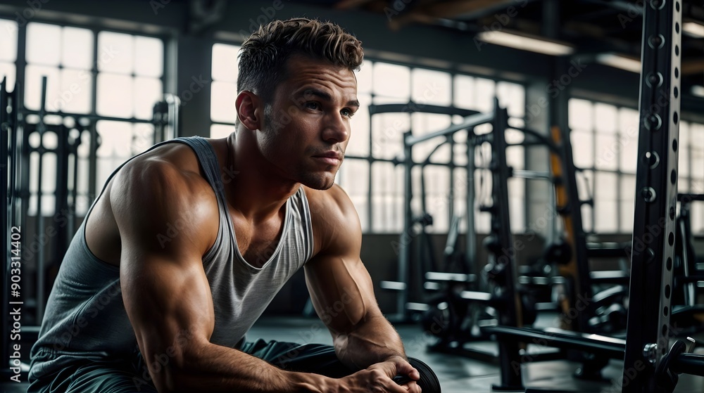 Portrait of a young fit sweaty man sitting in the gym after his workout Portrait of a young fit sweaty man sitting in the gym after his workout