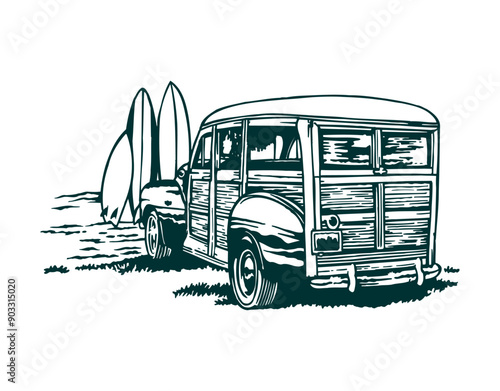 Vintage car art in a coastal area with surfboards and coconut trees in the background.