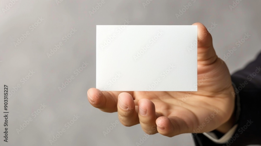 A businessman holding a blank card, possibly for a presentation or speech A businessman holding a blank card, possibly for a presentation or speech