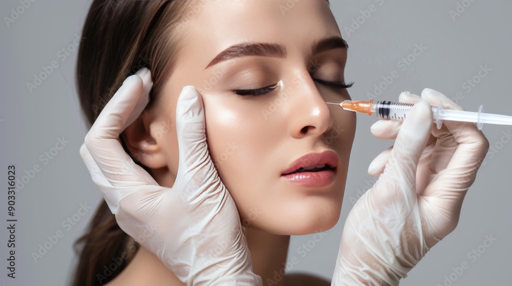 Fototapeta premium A beautiful girl makes an injection of botox, on a gray background 