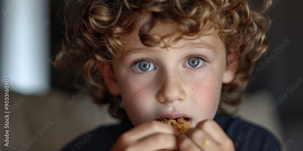 A young boy with curly hair enjoying a bite of his favorite snack A young boy with curly hair enjoying a bite of his favorite snack