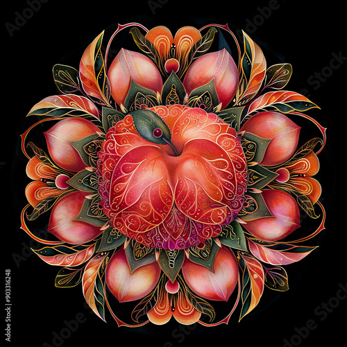 Colorful and detailed peach mandala on a black background.