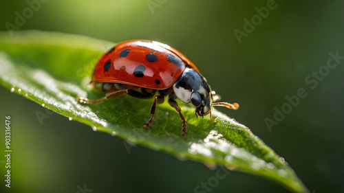 Ladybugs are sitting on flowers and leaves. photo