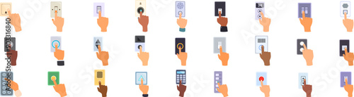Finger pressing wall button icons set. Diverse hands pressing buttons pushing switches controlling access activating devices