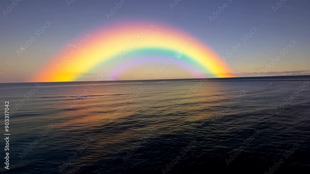 Rainbow over calm ocean at sunset with Rainbow over calm ocean at sunset with