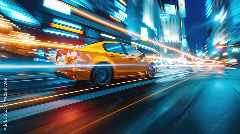 A yellow car was speeding along under a blurry street scene A yellow car was speeding along under a blurry street scene