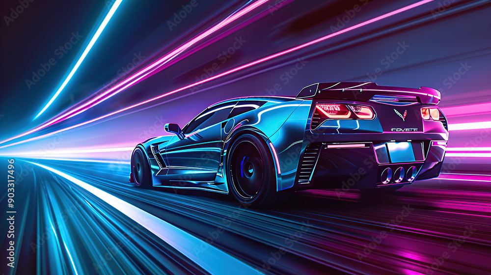 A high-speed race car in motion blur with speed lines at night time on the track A high-speed race car in motion blur with speed lines at night time on the track