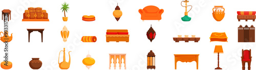 Moroccan furniture icons set. Oriental interior design elements including a hookah, furniture and decorative objects