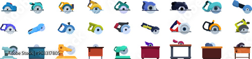 Circular saw machine icons set. Collection of circular saw icons showing woodworking and construction tools for cutting wood, metal, concrete, or other materials