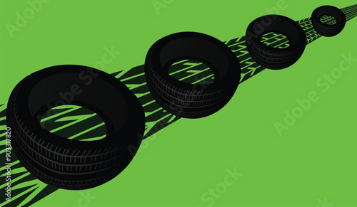 Four black tires leaving tire marks on gray background