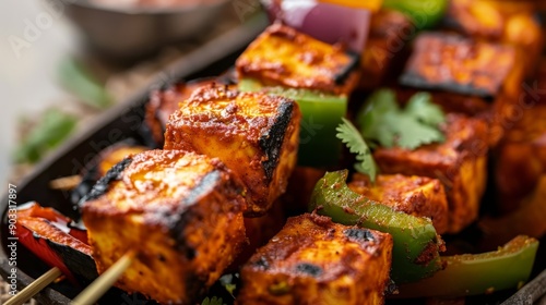 Tapety artystyczne A detailed shot of a serving of paneer tikka with skewered cubes and bell peppers.