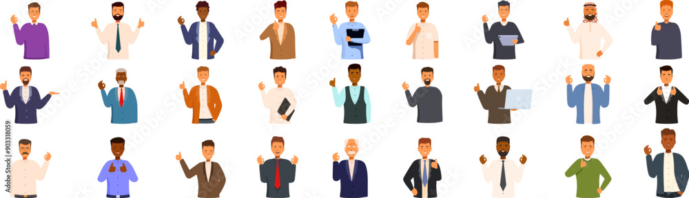 Businessman ok gesture icons set. Diverse group of men gesturing thumbs up, showing approval and support for a great idea Businessman ok gesture icons set. Diverse group of men gesturing thumbs up, showing approval and support for a great idea