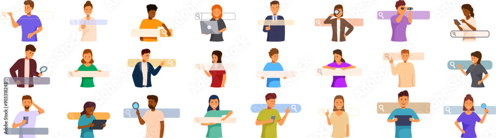 People clicking internet search icons set. People searching information online using web browser. Collection of characters interacting with search bar. Digital marketing concept People clicking internet search icons set. People searching information online using web browser. Collection of characters interacting with search bar. Digital marketing concept