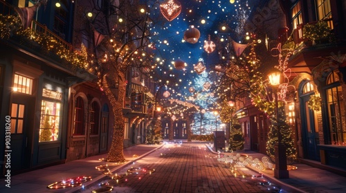 A festival street with sparkling lights draped over trees and buildings.