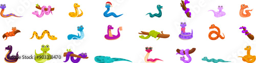Cute funny snakes icons set. Collection of cartoon snakes in various poses and colors, perfect for projects related to wildlife, nature, or reptilian themes