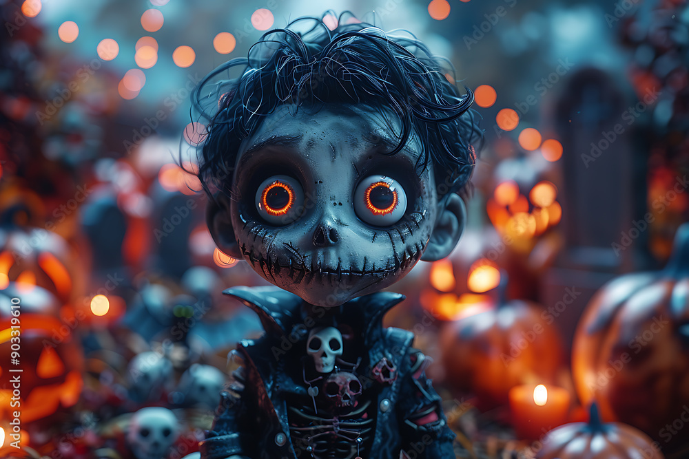 A funny 3D cartoon vampire stands in the center with a background of spider webs, pumpkins, graves, and burning candles, creating a dark but festive Halloween atmosphere A funny 3D cartoon vampire stands in the center with a background of spider webs, pumpkins, graves, and burning candles, creating a dark but festive Halloween atmosphere
